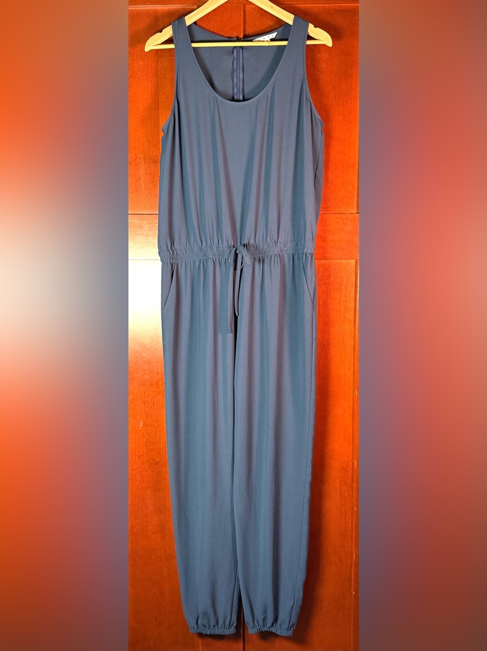 CAbi Navy Blue Sleeveless Jogger Jumpsuit M Drawstring Waist Tapered Leg